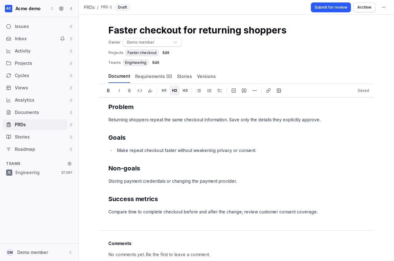 Velocity PRD editor showing a saved checkout specification, owner and linked project