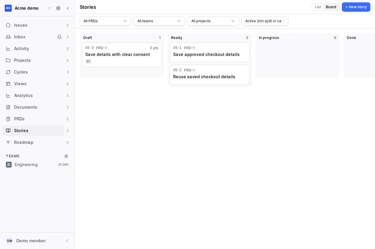 Velocity story board showing Draft, Ready, In Progress and Done columns for checkout stories