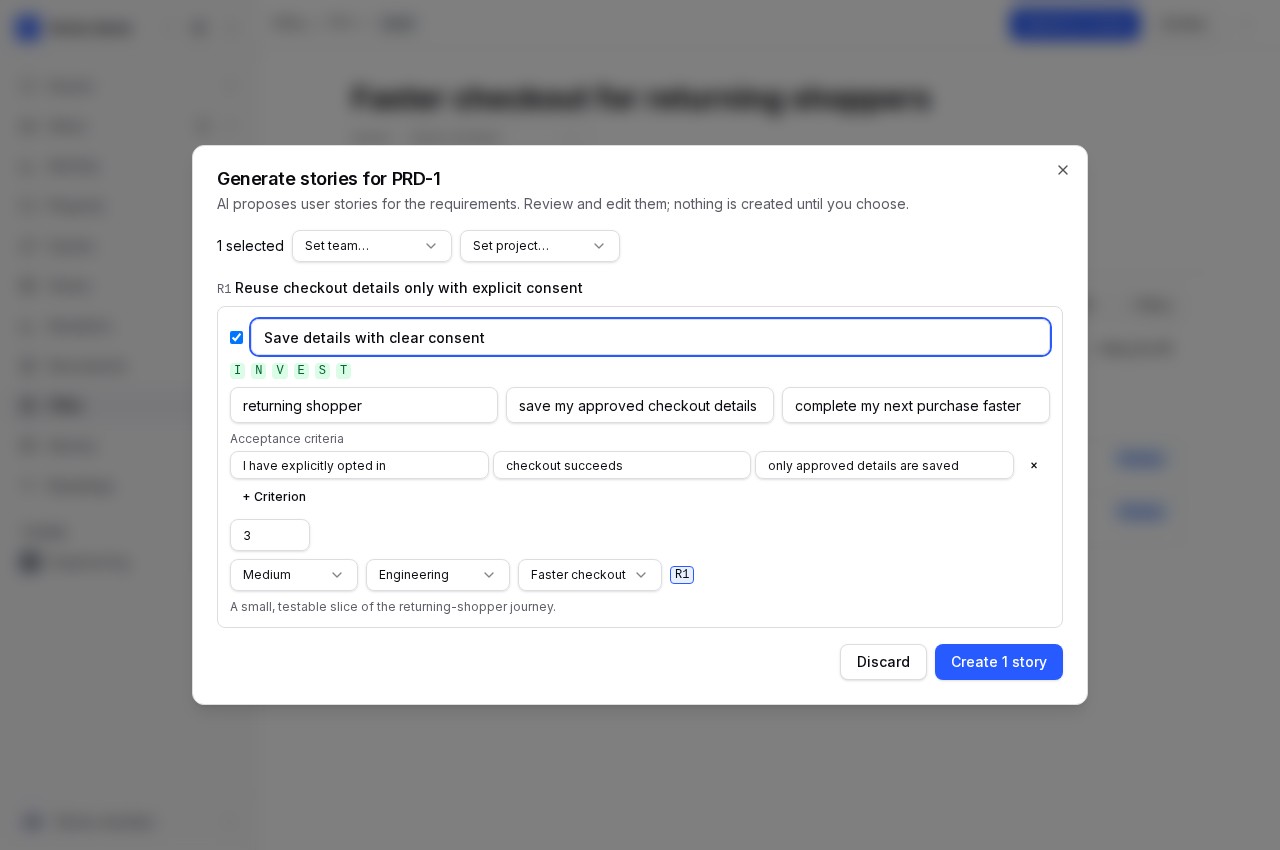Velocity requirement-to-story review with editable story proposals, acceptance criteria and INVEST checks